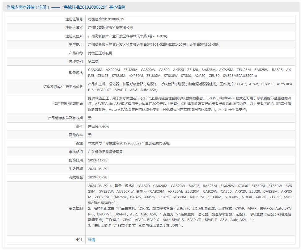 和普樂持續(xù)正壓呼吸機(jī)CA820W